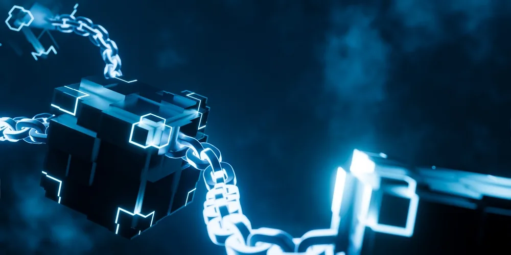 glowing 3d cube with chain on dark background concept