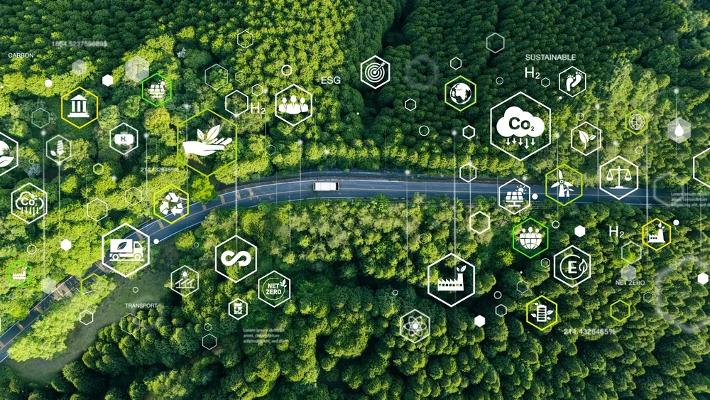 aerial view of car in green forest with sustainability icons