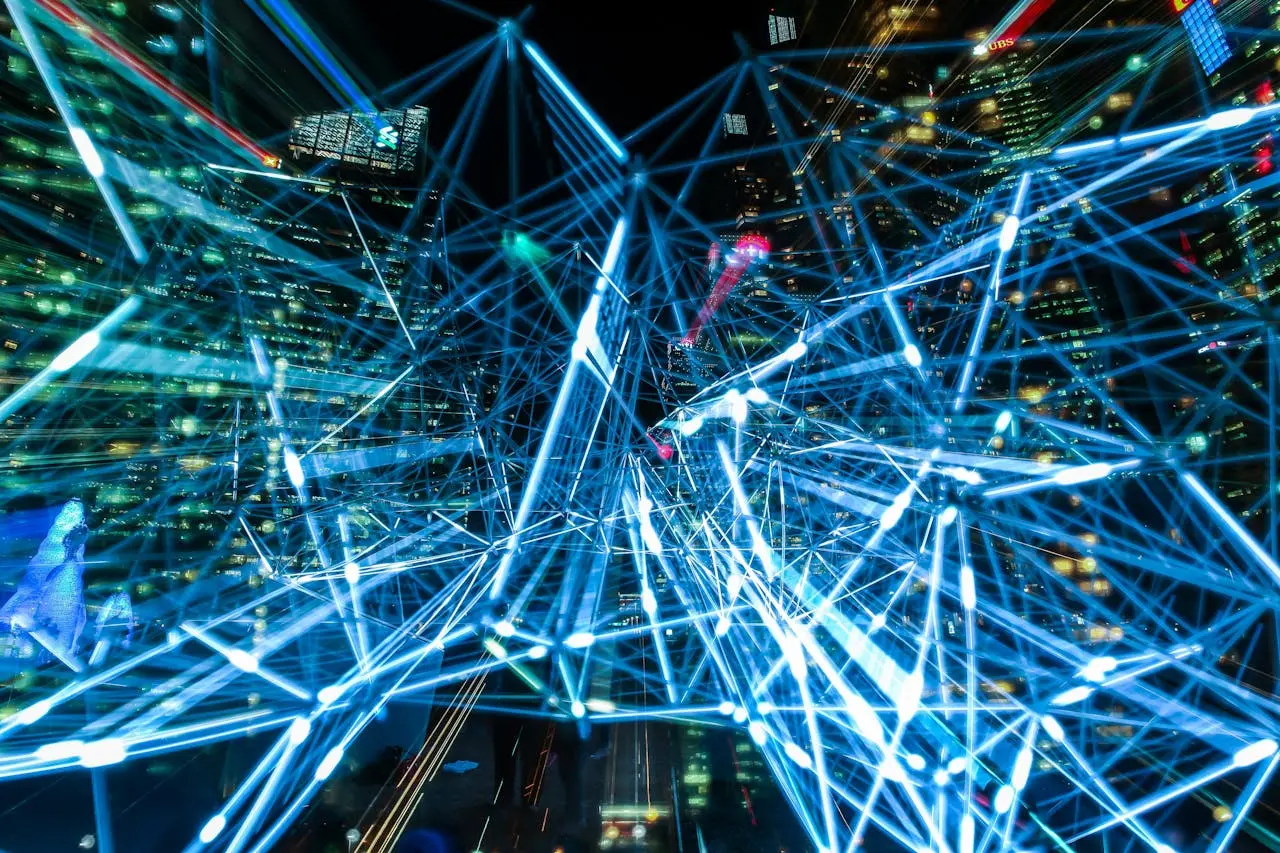 abstract visualization of an ai neural network with glowing nodes and connections