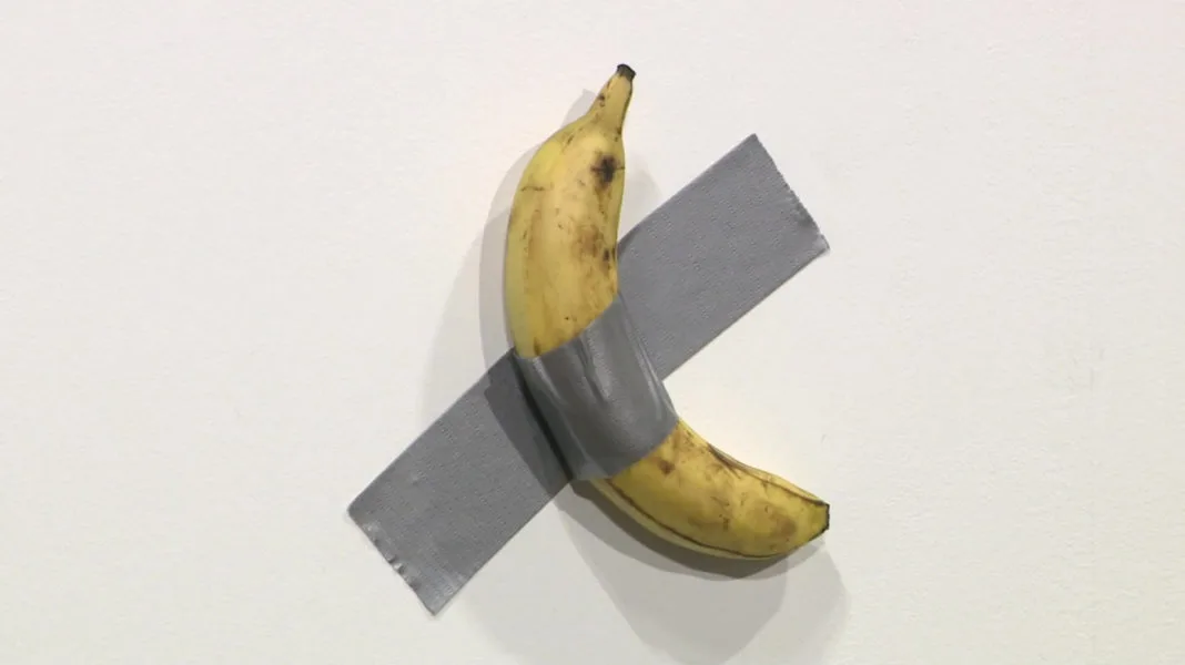 art basel banana sculpture at a contemporary art fair