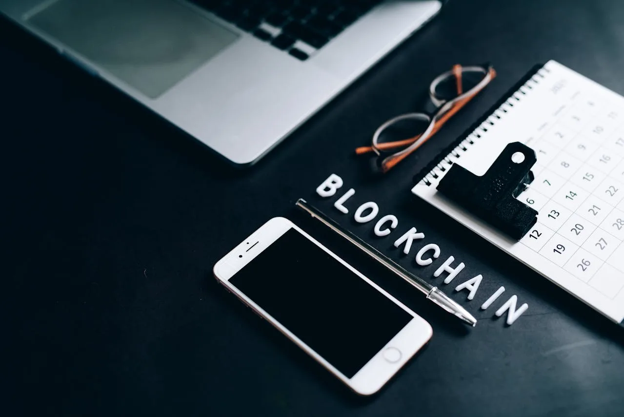 abstract blockchain network illustration with interconnected blocks and nodes
