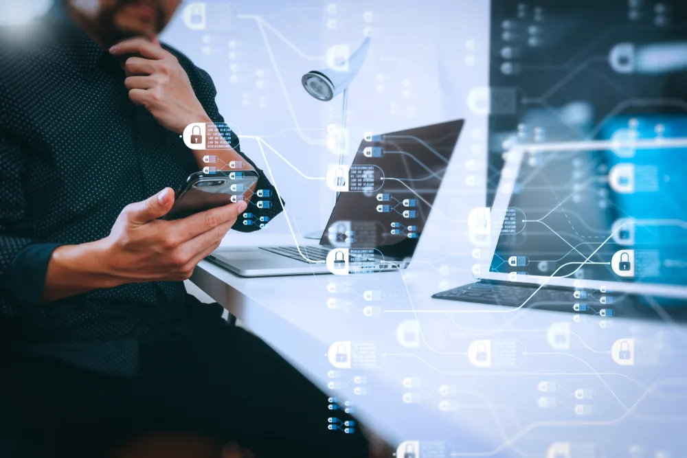 blockchain technology concept diagram of chain and encrypted blocks with businessman