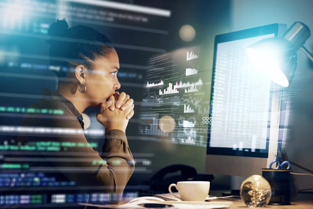 woman stressed by computer hologram data and future fintech reading