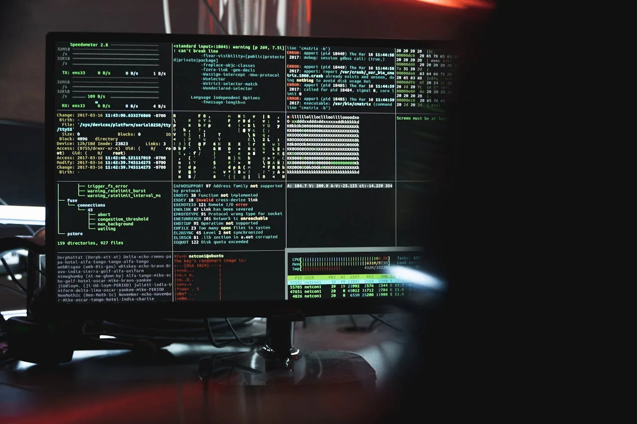 cybersecurity hacking screens with code and data streams