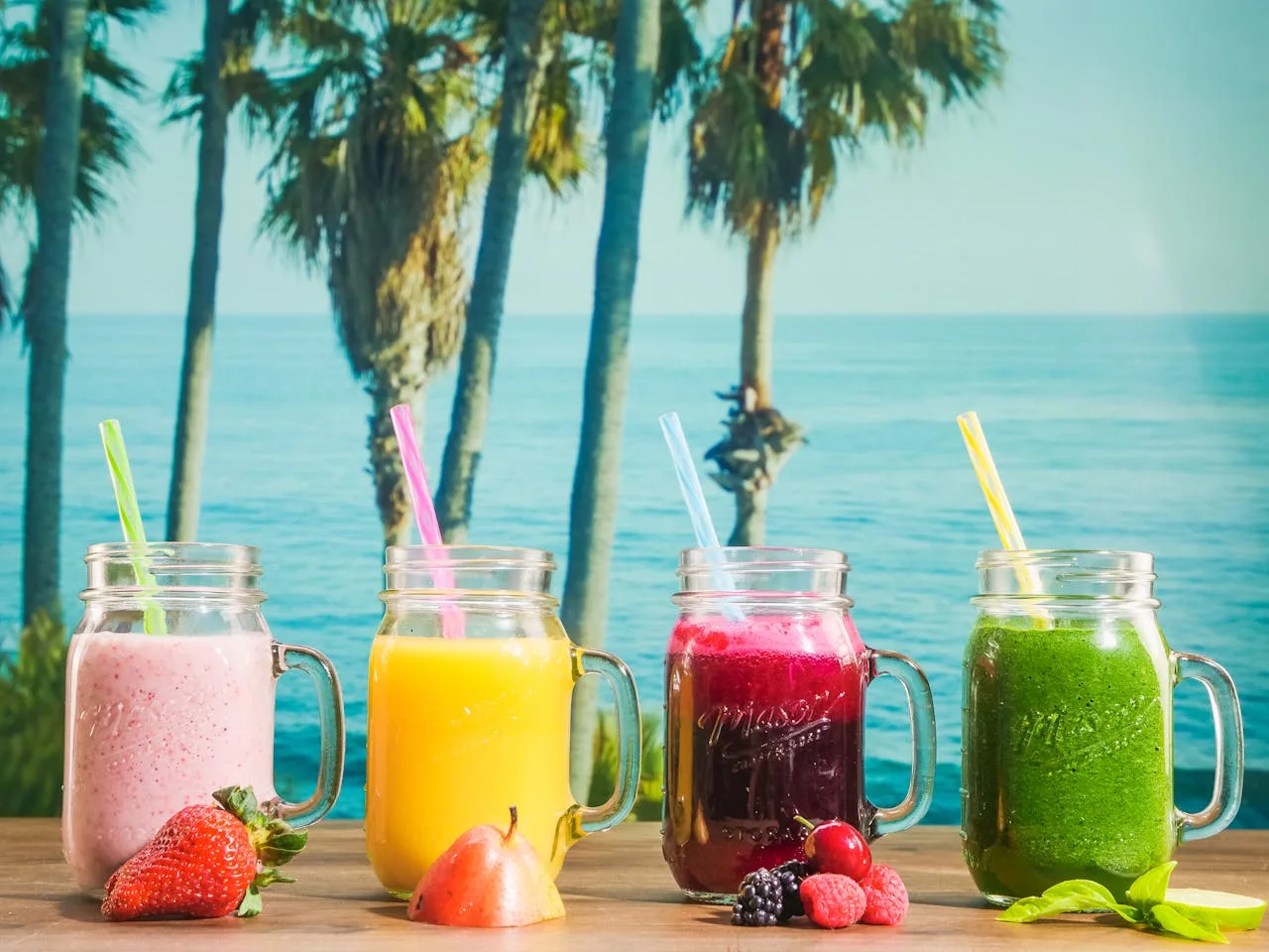 various functional beverages in bottles and cans on a table