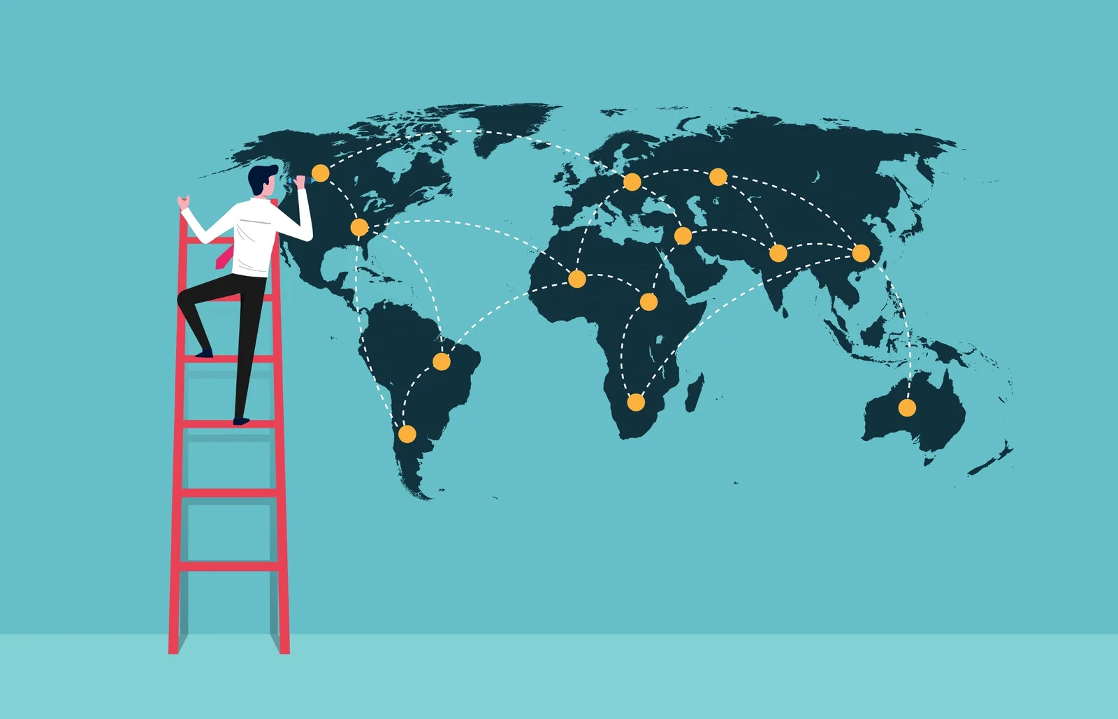 businessman drawing global business development strategy on world map
