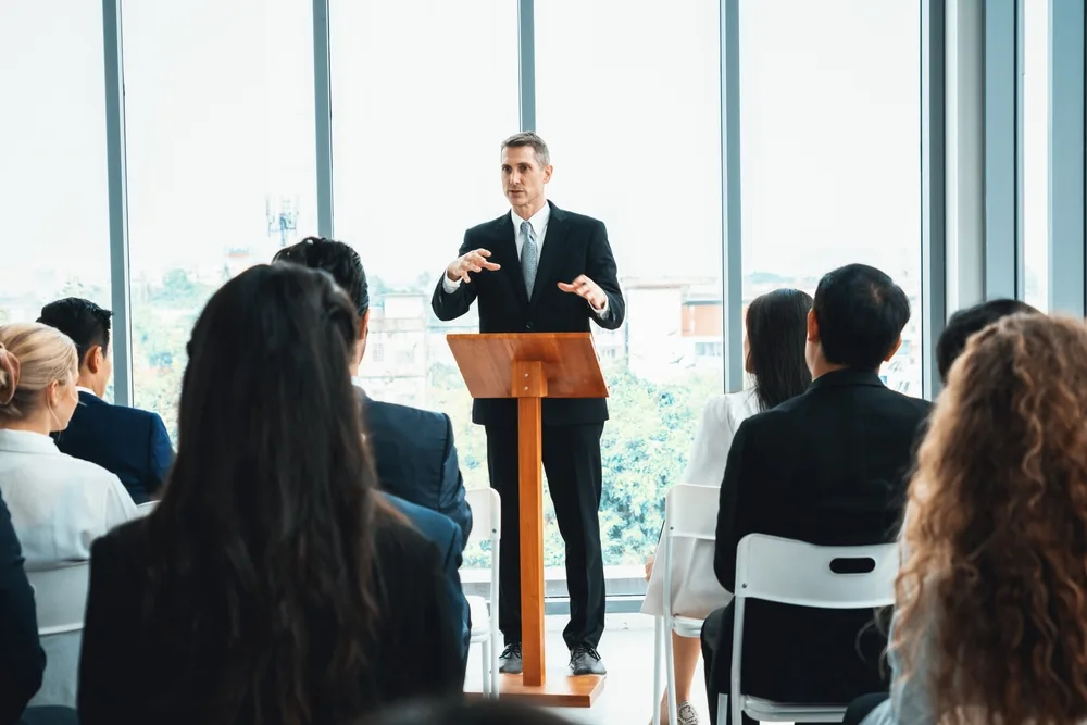 group of business people meeting at a seminar conference