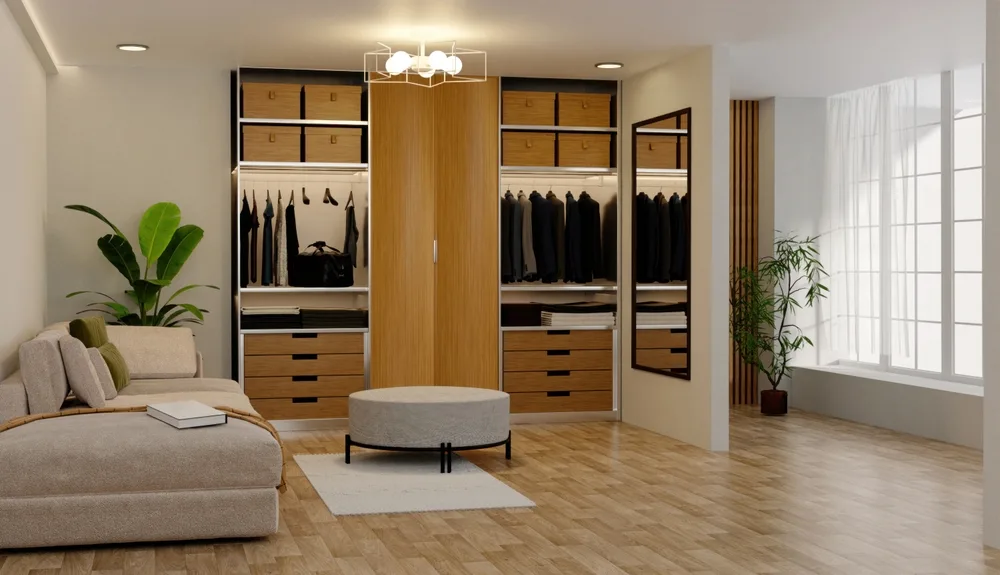 modern closet organization and decor interior design 3d render