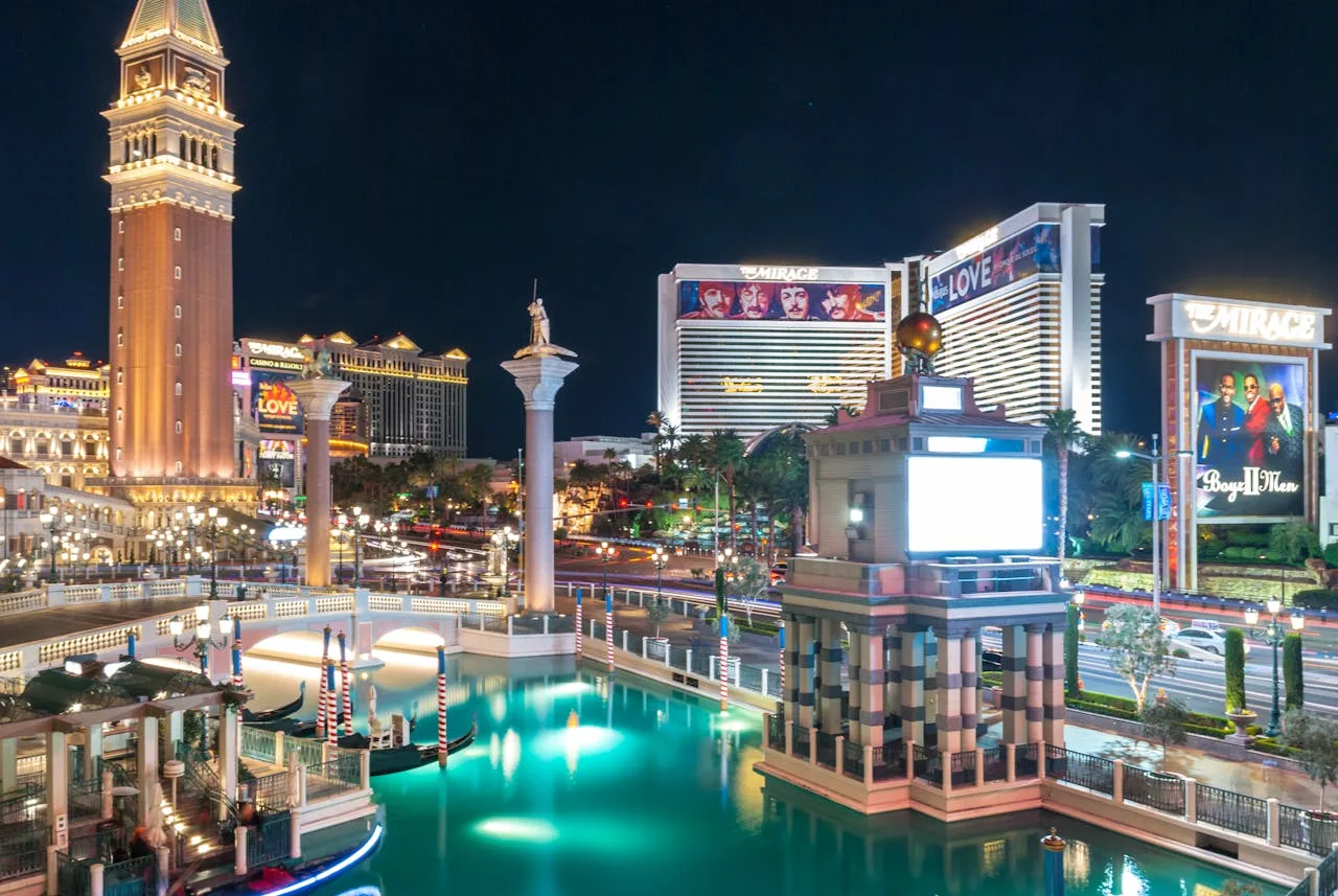 luxurious las vegas hotels with dazzling lights and pools