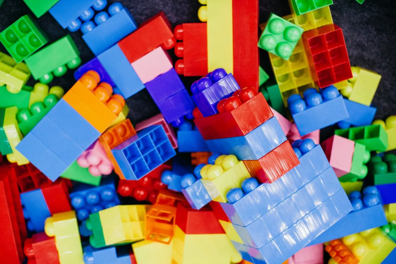 colorful lego blocks in a pile for building and play