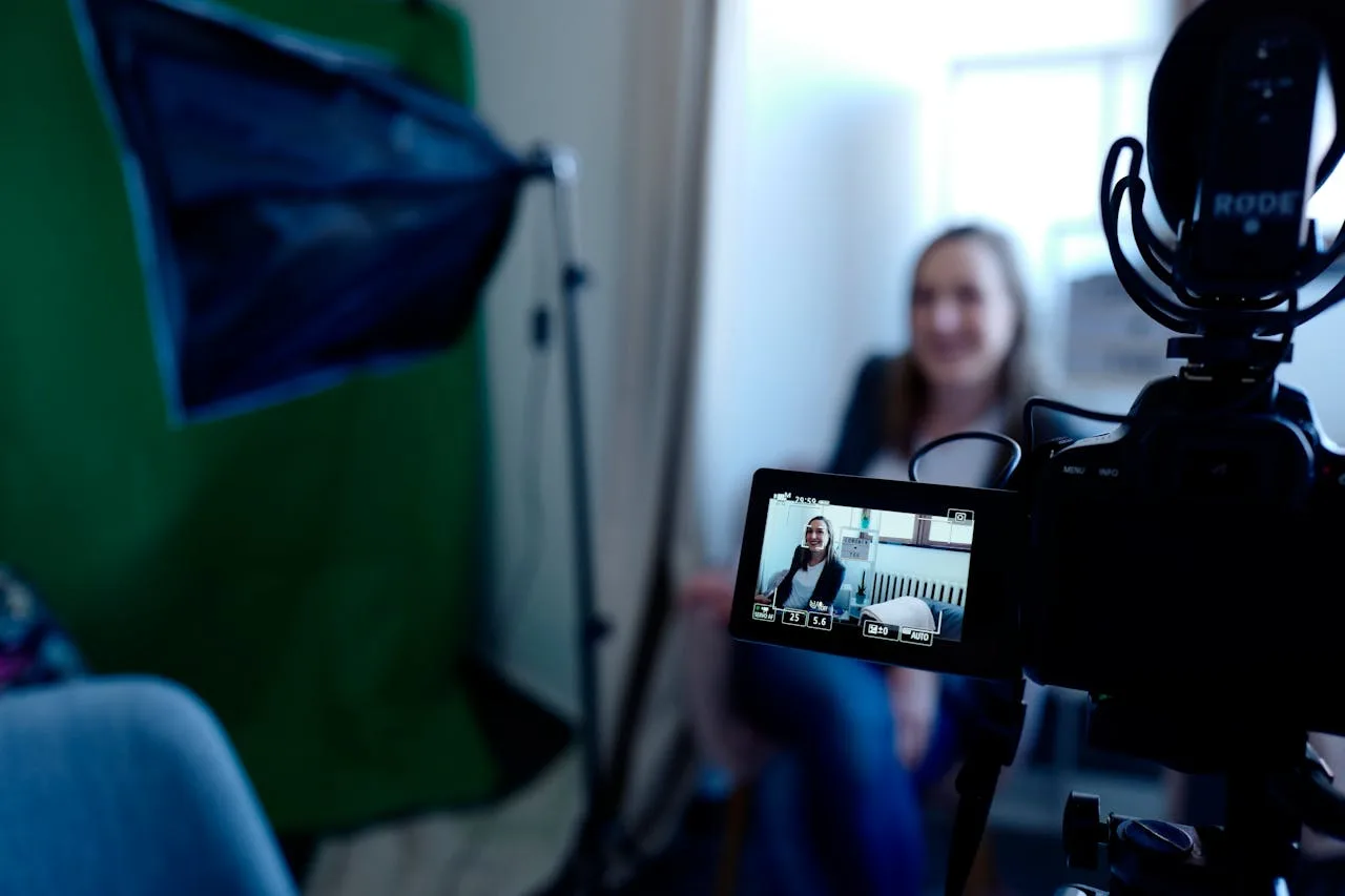 media video interview with a smiling professional woman in an office