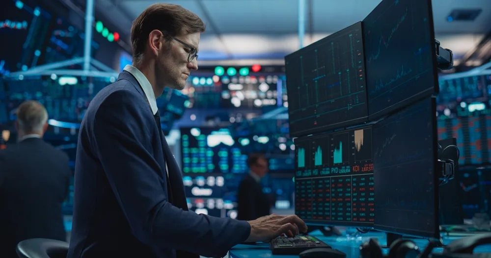 portrait of an adult man working in an international stock market