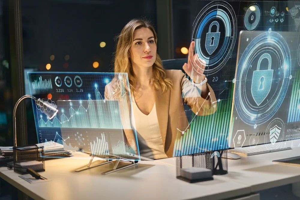 female cybersecurity analyst interacting with futuristic digital data