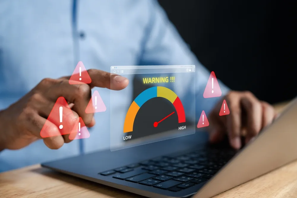 risk management alert dashboard with warning sign and decision