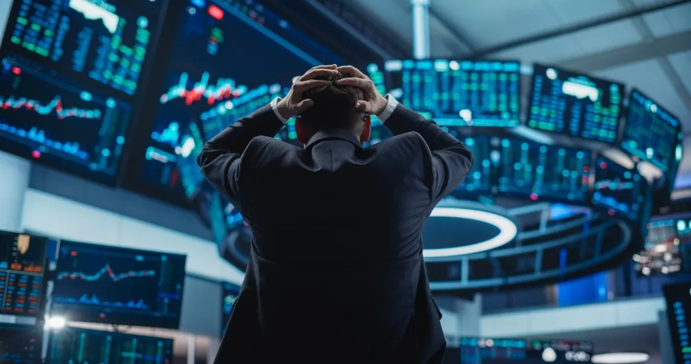 stressed stock trader can't comprehend sudden stock market crash