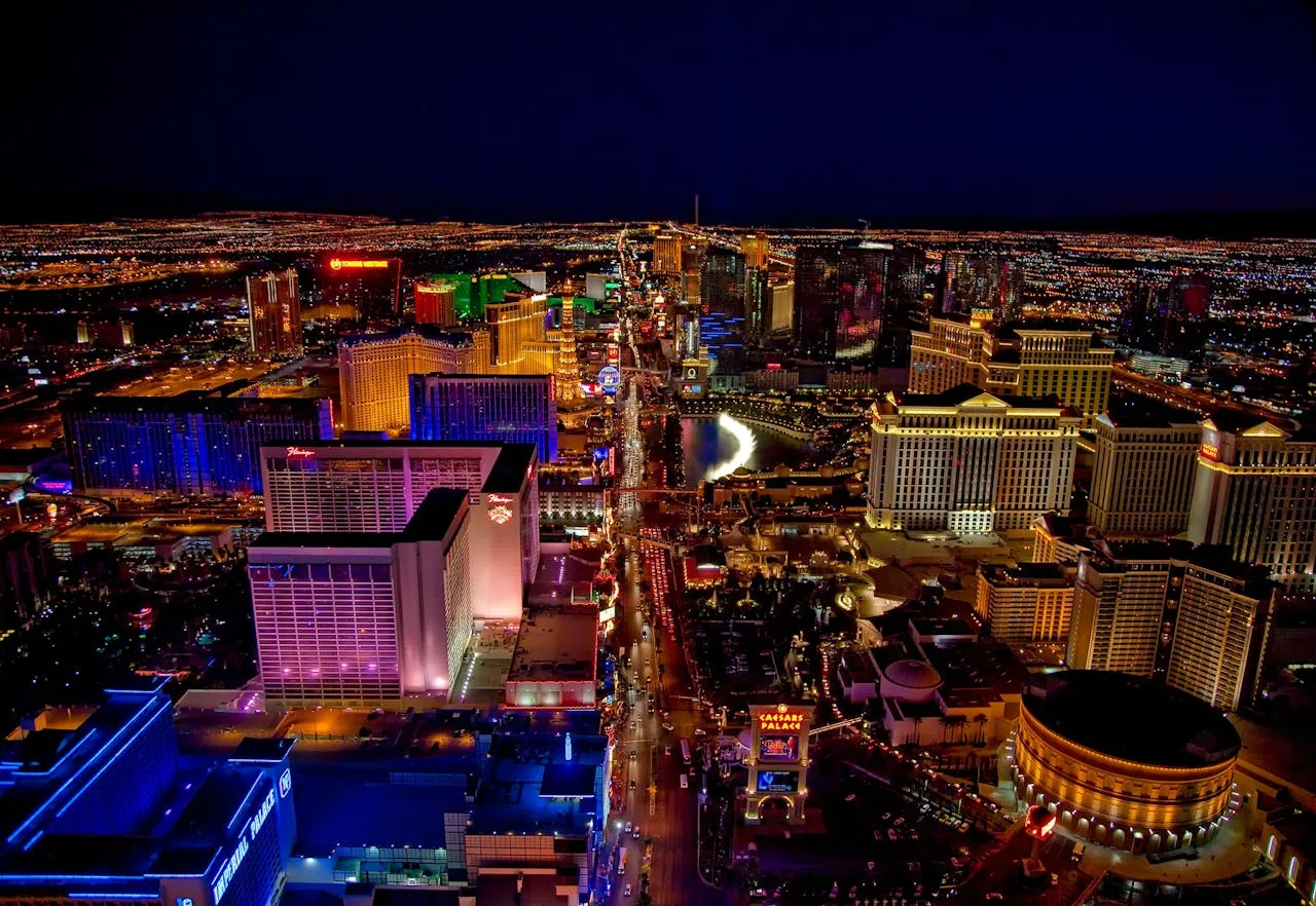 las vegas strip at night with bright lights and casinos