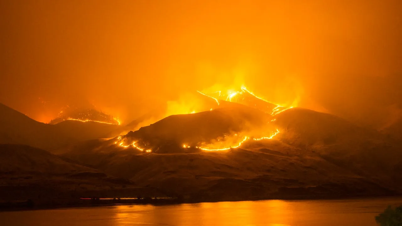 volcano eruption crisis with ash cloud and lava flow