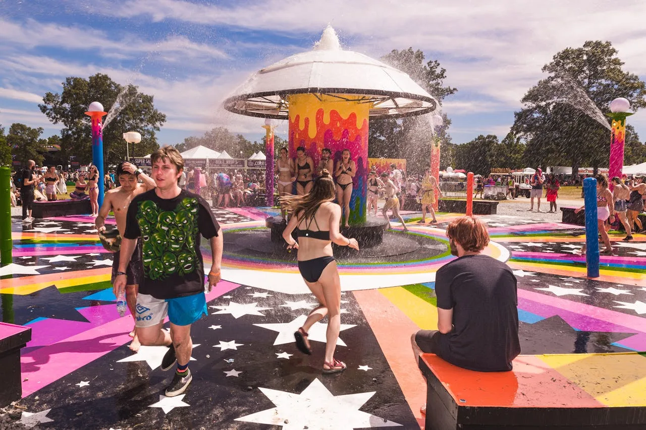 a fun water park mushroom spray fountain for kids to play in