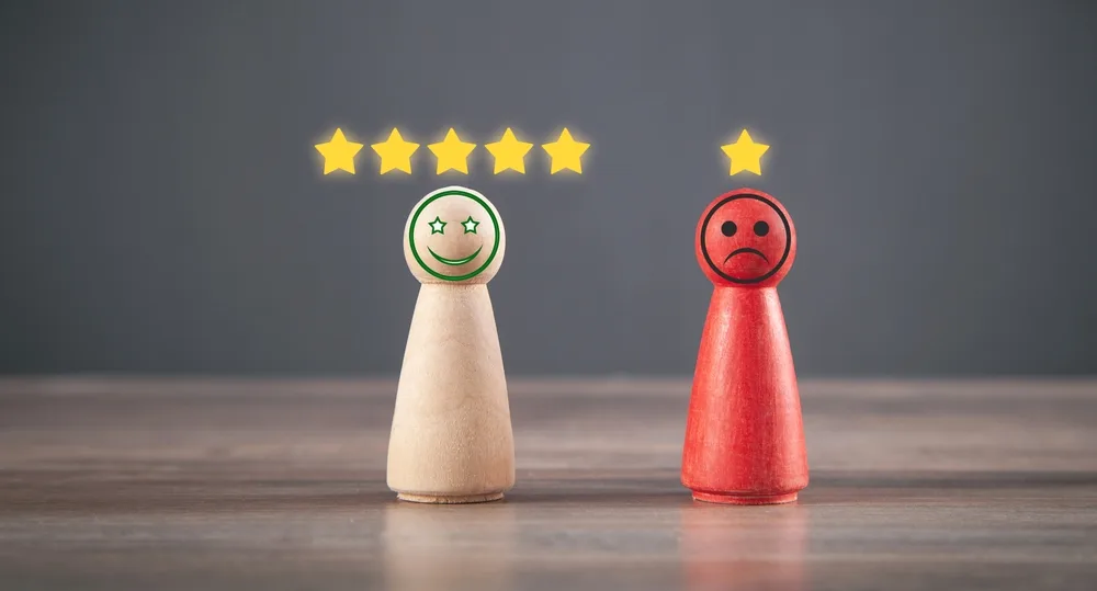 wooden human figures showing positive and sad faces for customer evaluation
